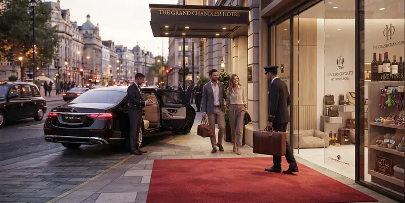 Chauffeur holding a car door outside a hotel entrance